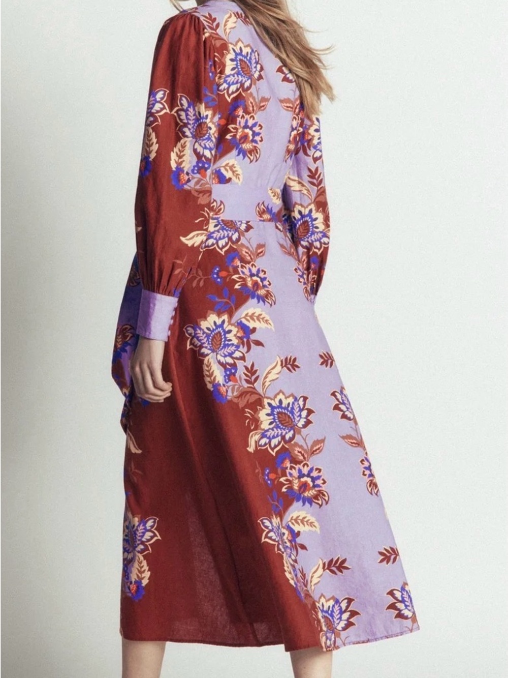 Boden Rust and Lilac Floral Button-Front Long Sleeve Dress - Picture 4 of 4
